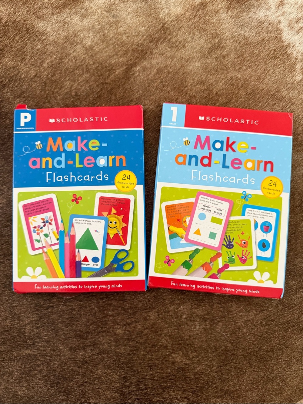 Two set of Scholastic Make-and-Learn Flashcards (red, blue, green, yellow)